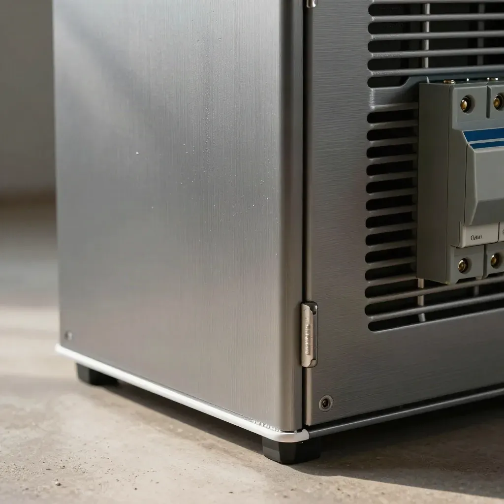 Close-up of a graphite home battery cabinet with fins and condensation in a garage alcove.