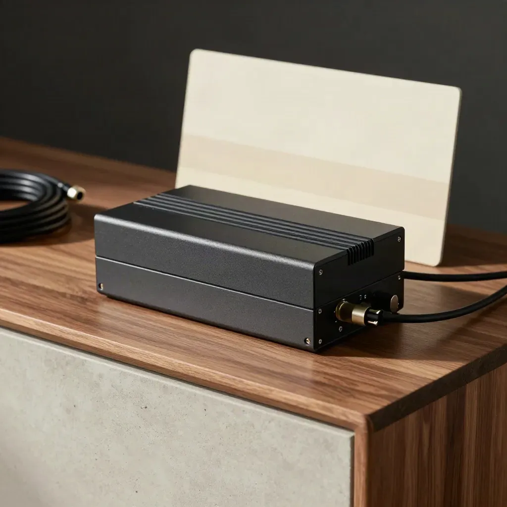 Graphite battery pack and inverter on a walnut plinth in a soft-lit utility alcove.