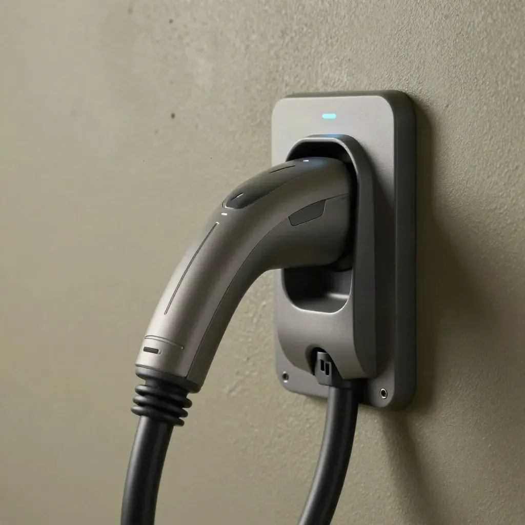 Macro of a wall-mounted EV home charger with coiled cable and dock on a dusty garage wall.