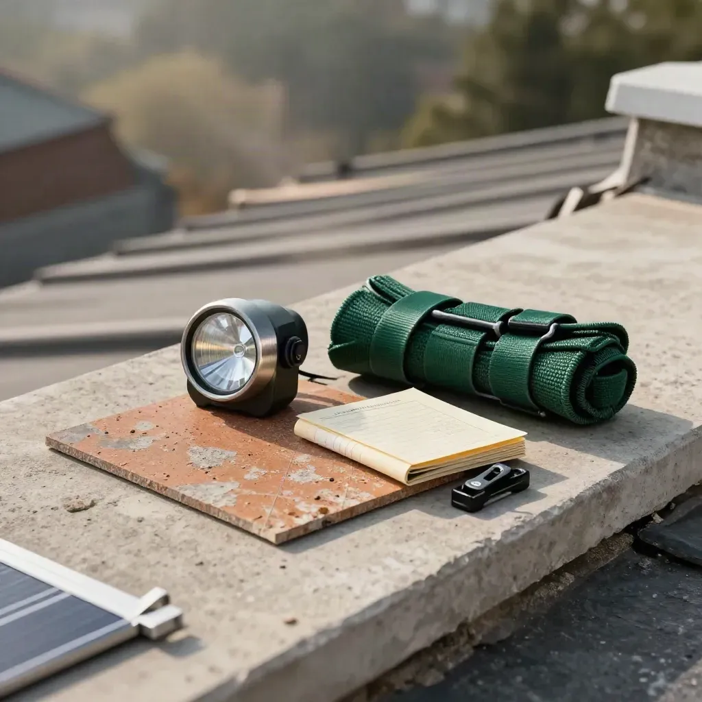 Roof solar survey kit on a hazy rooftop with tile sample, lamp, harness gear and notes