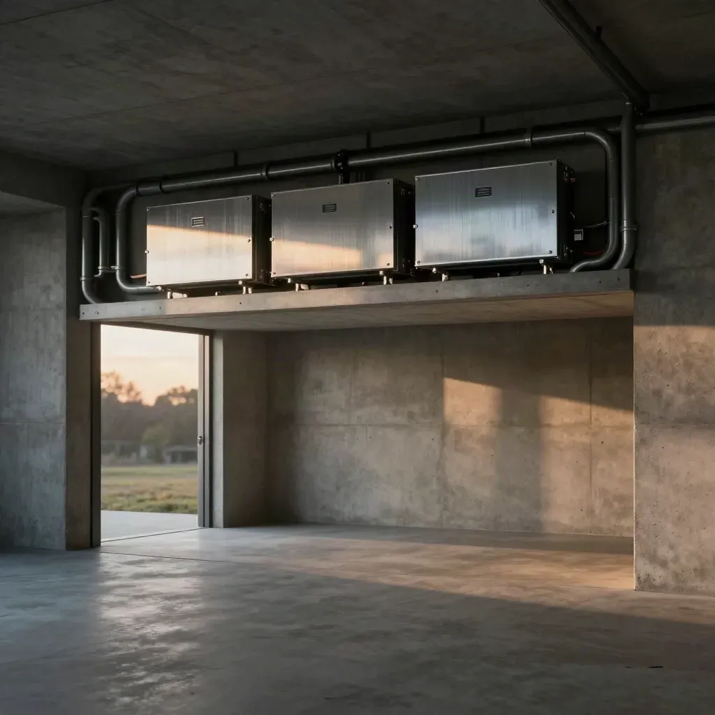 Dusk-lit utility room with battery cabinets, brushed steel, and a calm concrete floor